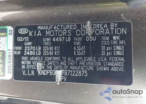 2011 Kia Sportage Lx z USA, uszkodzony, nr VIN KNDPB3A27B7122875